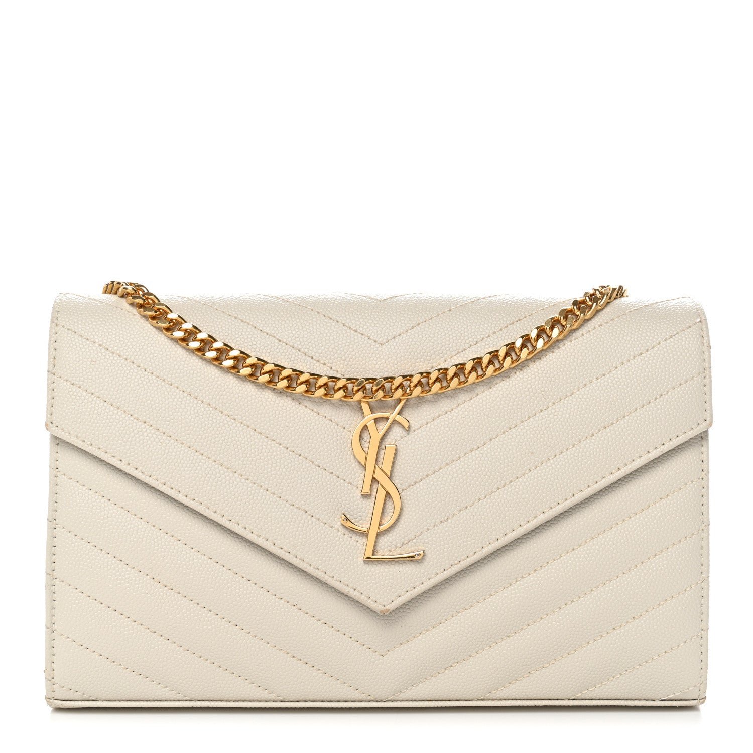 Saint Laurent Grain De Poudre Matelasse Chevron Monogram Chain Wallet Crema Soft