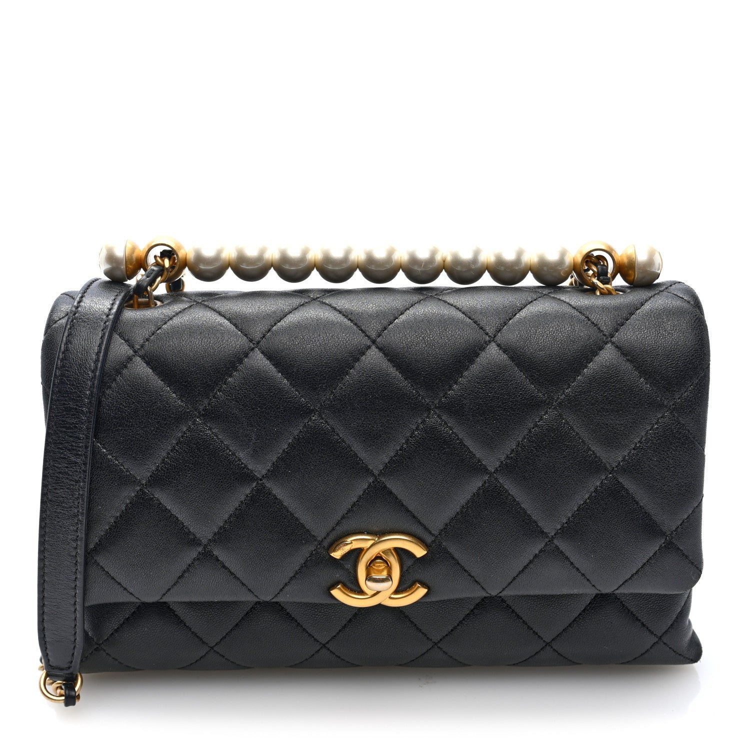Chanel Lambskin Quilted Pearl Handle Flap Black