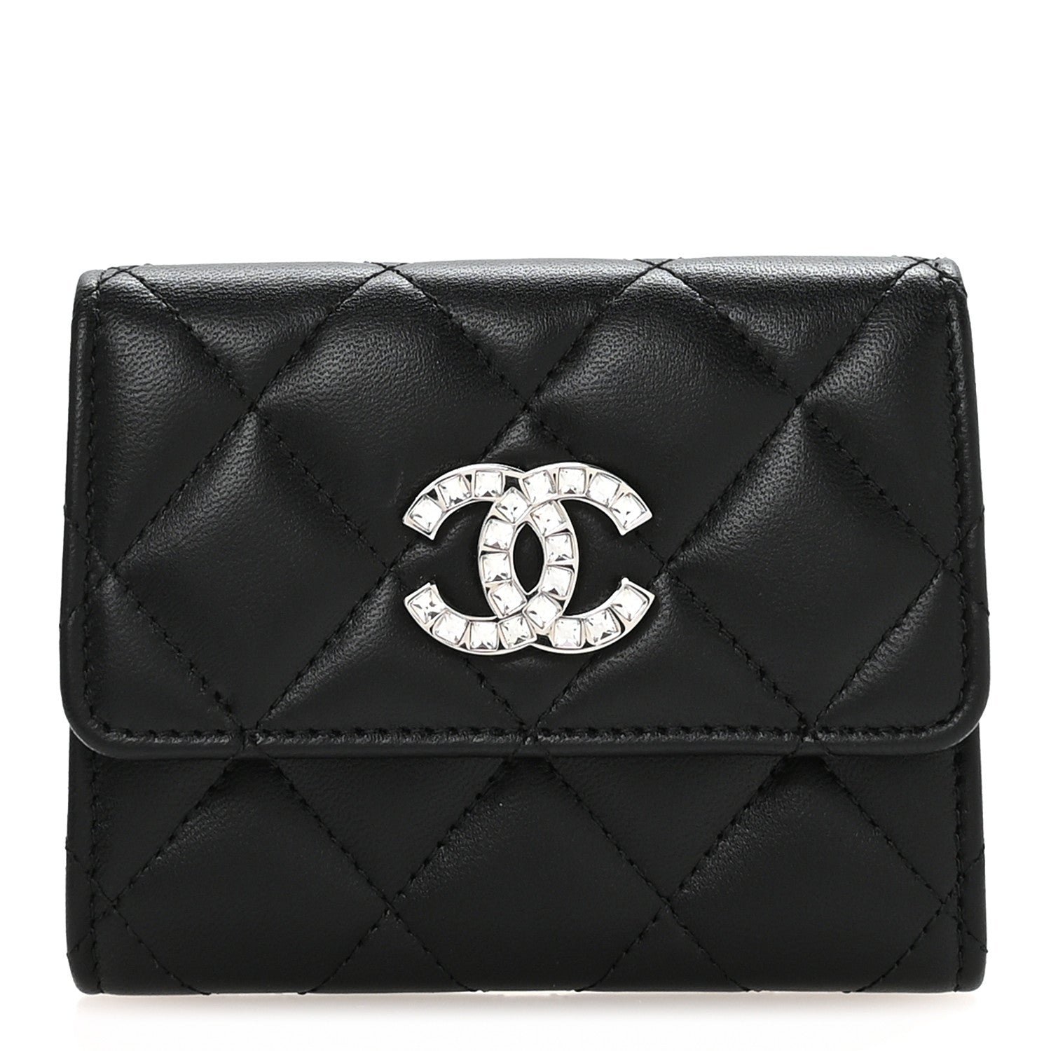 Chanel Lambskin Quilted Flap Baguette Crystal Card Holder Wallet Black
