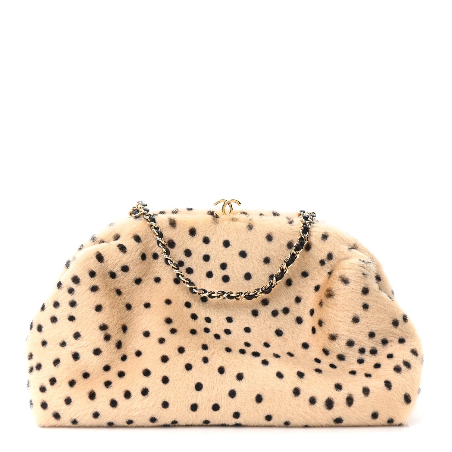 Chanel Pony Hair Cheetah Printed Lambskin Clutch With Chain Beige Black