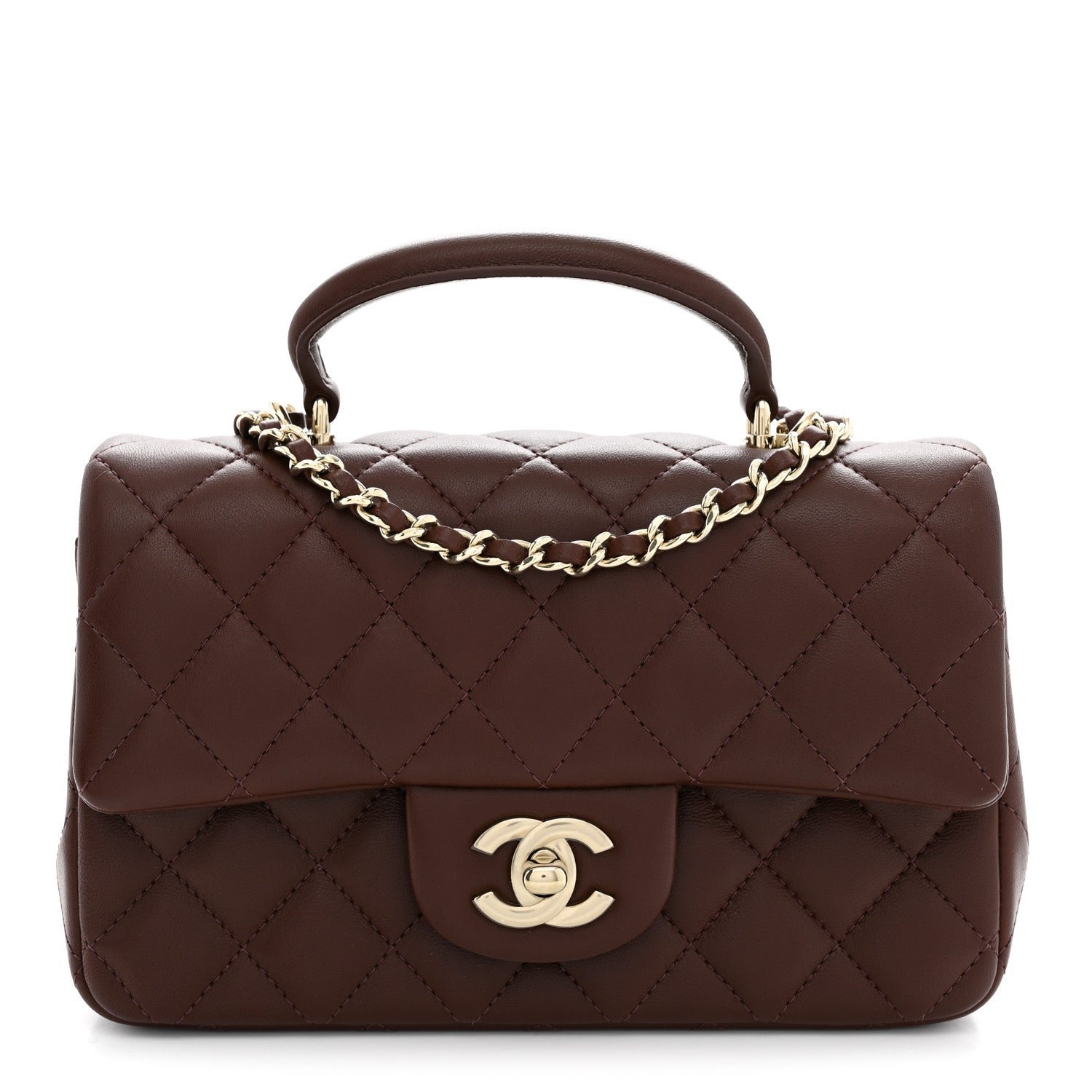 Chanel Lambskin Quilted Mini Top Handle Rectangular Flap Dark Brown