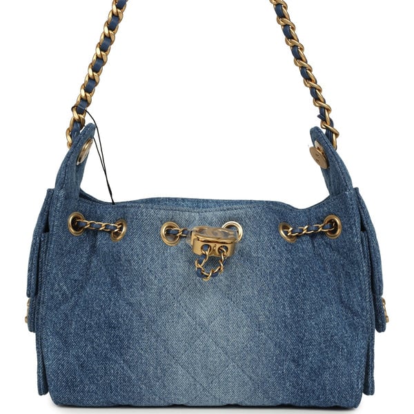 Chanel Mini 25 Hobo Bag Blue Washed Denim Antique Gold Hardware