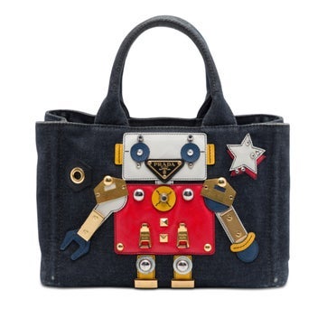 Small Saffiano Trimmed Denim Canapa Robot Satchel