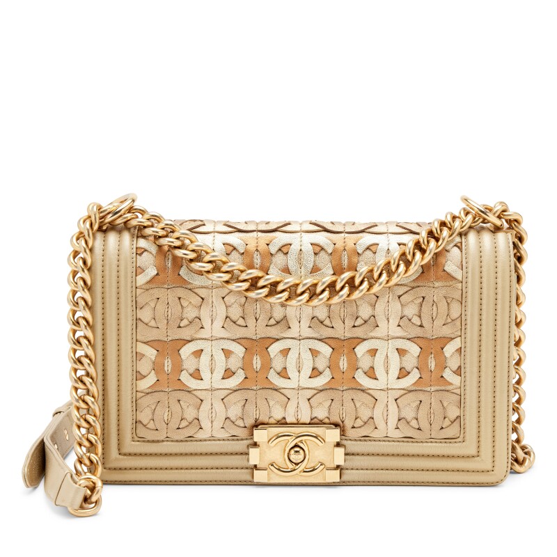 Metallic Gold Woven Lambskin CC Cut Out Medium Boy Bag Aged Gold Hardware, 2015