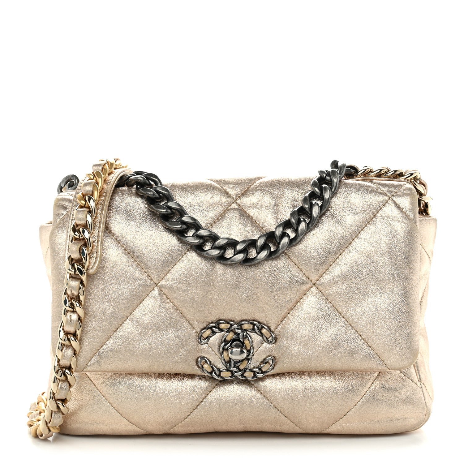 Chanel Metallic Lambskin Quilted Medium Chanel 19 Flap Gold