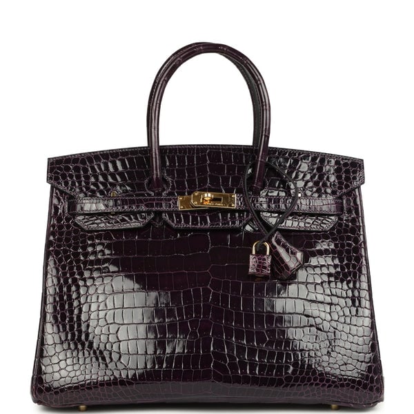 Hermes Pre-owned Hermes Birkin 35 Amethyst Shiny Porosus Crocodile Gold Hardware