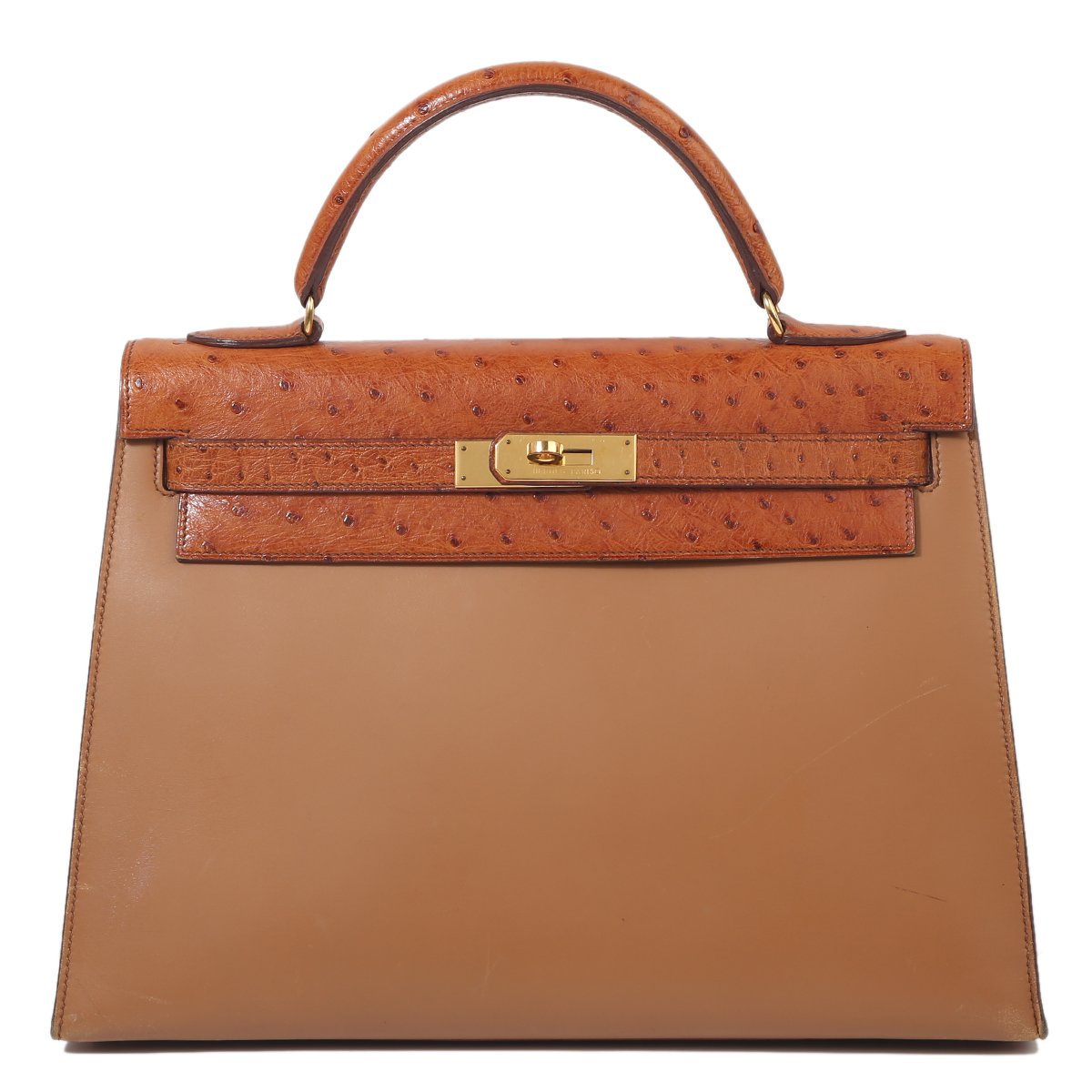 HERMÈS Kelly 32 handbag in Brown Ostrich and Box calfskin with Gold hardware