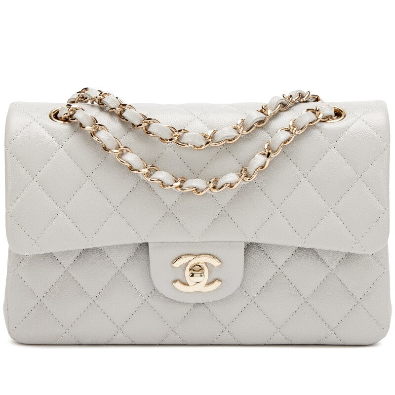 Light Grey Quilted Caviar Small Classic Double Flap Bag Light Gold Hardware, 2021