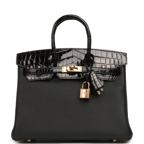 Hermes Hermes Birkin 25 Touch Black Togo, Shiny Niloticus Crocodile Touch Rose Gold Hardware