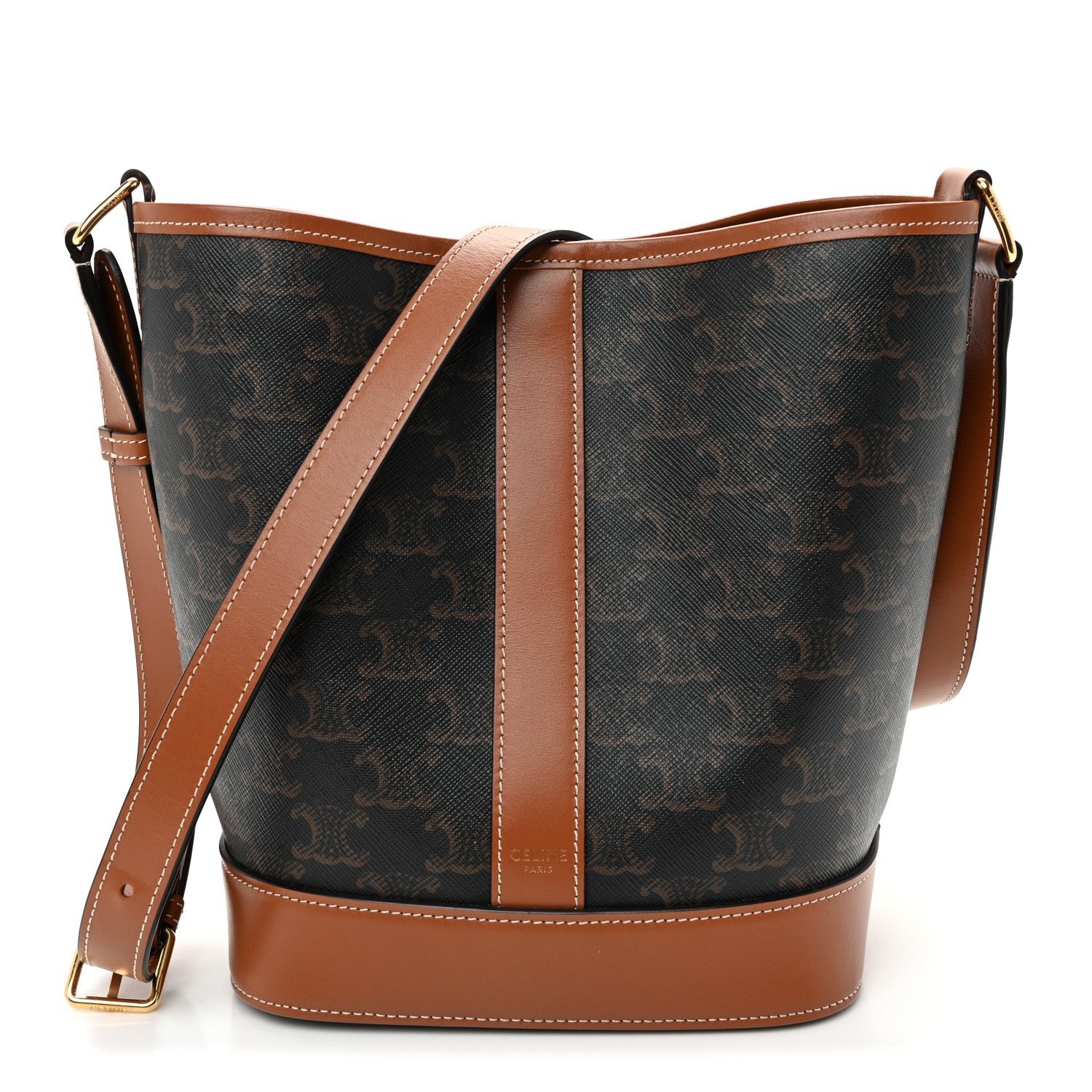 Celine Triomphe Canvas Calfskin Small Bucket Bag Tan