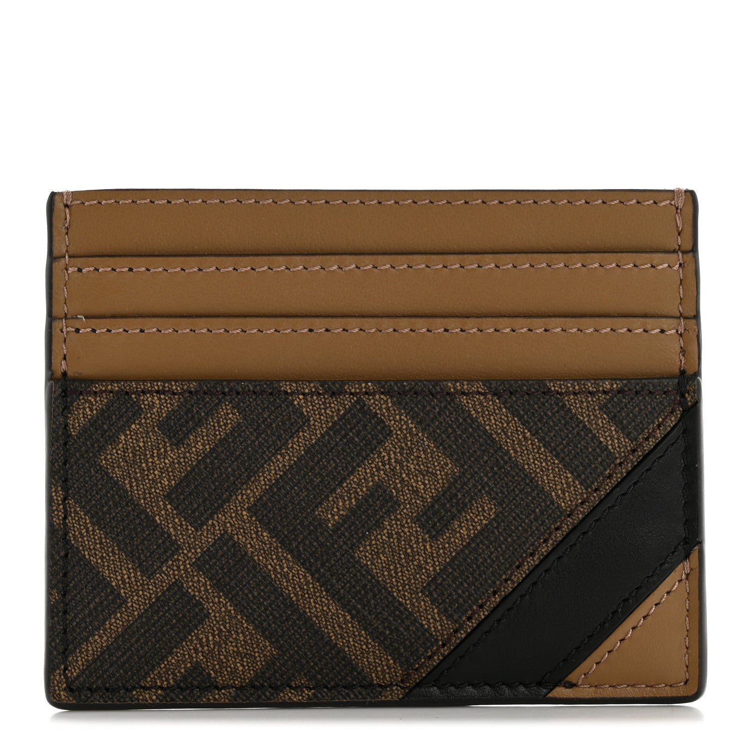 Fendi Glazed Fabric Vitello Liberty FF 1974 Diagonal Card Holder Tobacco Moro Sand Black