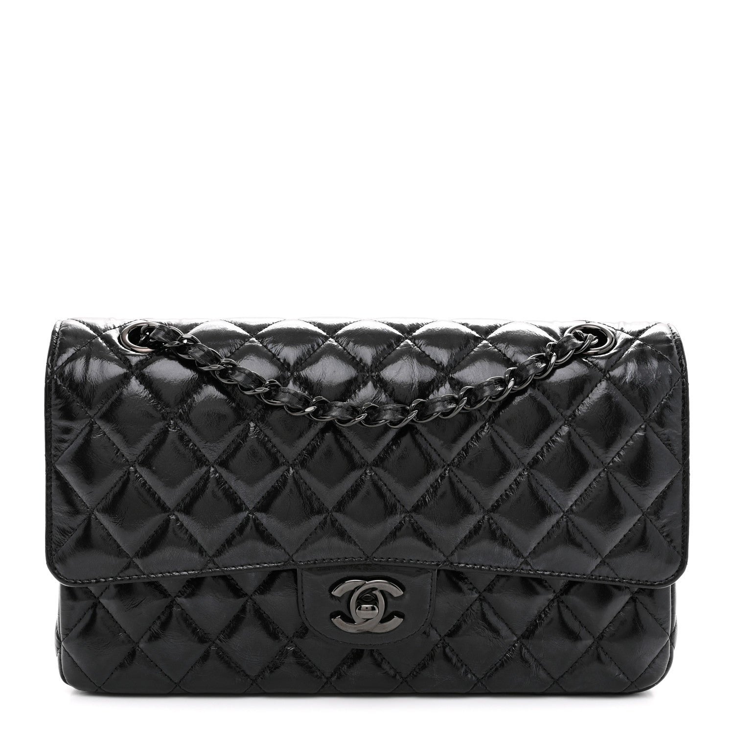 Chanel Shiny Crumpled Calfskin Quilted Medium Double Flap So Black