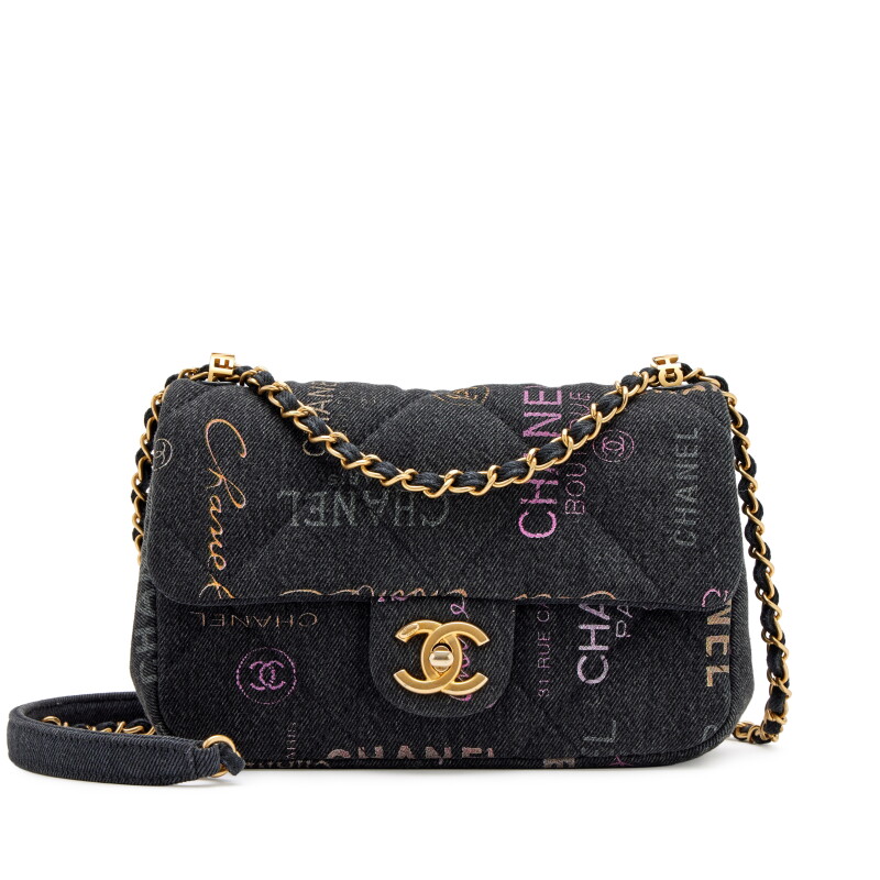 Black Logo Printed Quilted Denim Small Mood Flap Bag Aged Gold Hardware, 2022