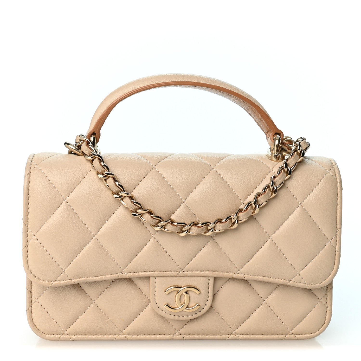 Chanel Lambskin Quilted Flap Phone Holder With Chain Ecru Dark Beige