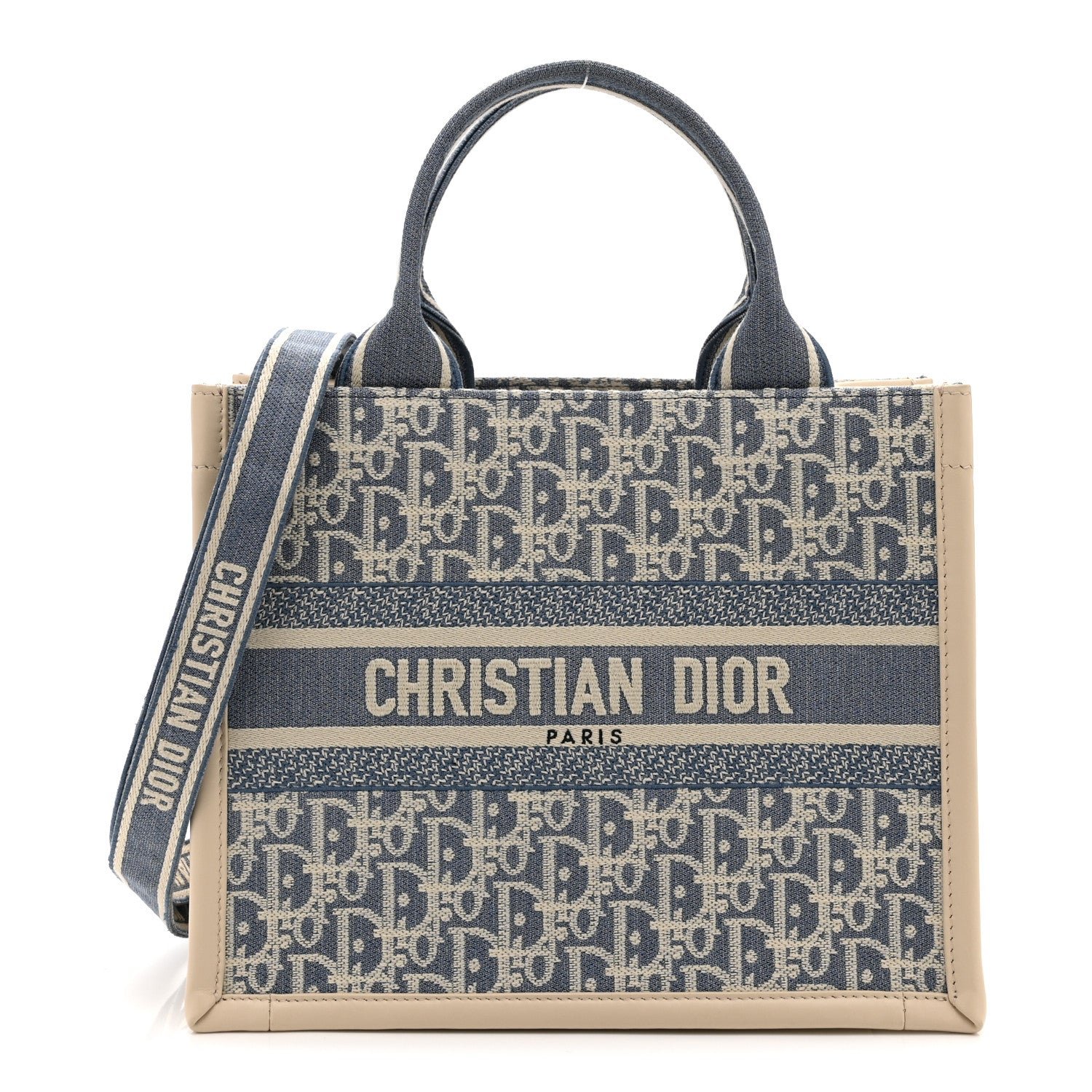 Christian Dior Oblique Chambray Calfskin Small Book Tote With Strap Blue Latte