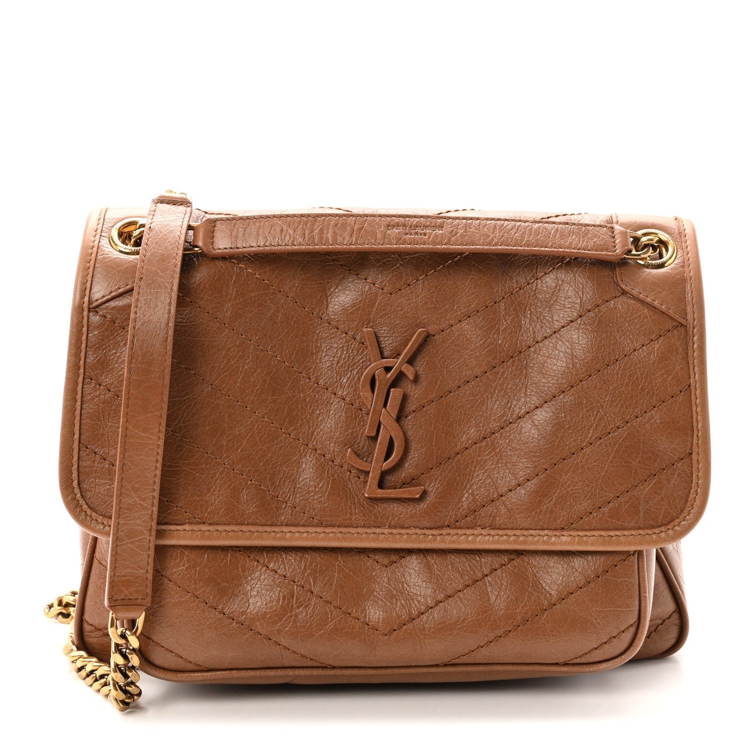 Saint Laurent Crinkled Calfskin Matelasse Monogram Medium Niki Chain Satchel Caramel