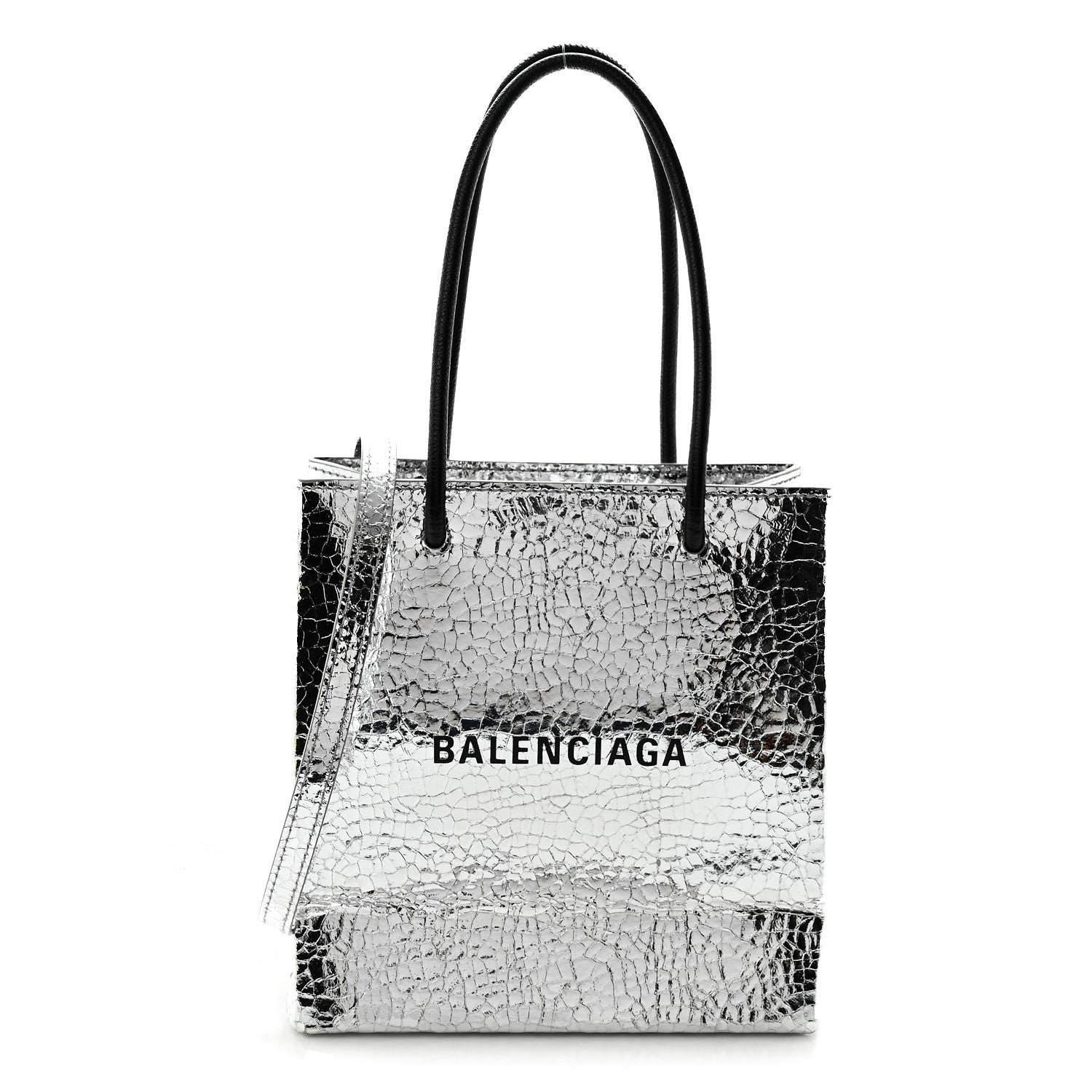 Balenciaga Crackled Mirror Calfskin Logo North South Shopper Tote XXS Silver