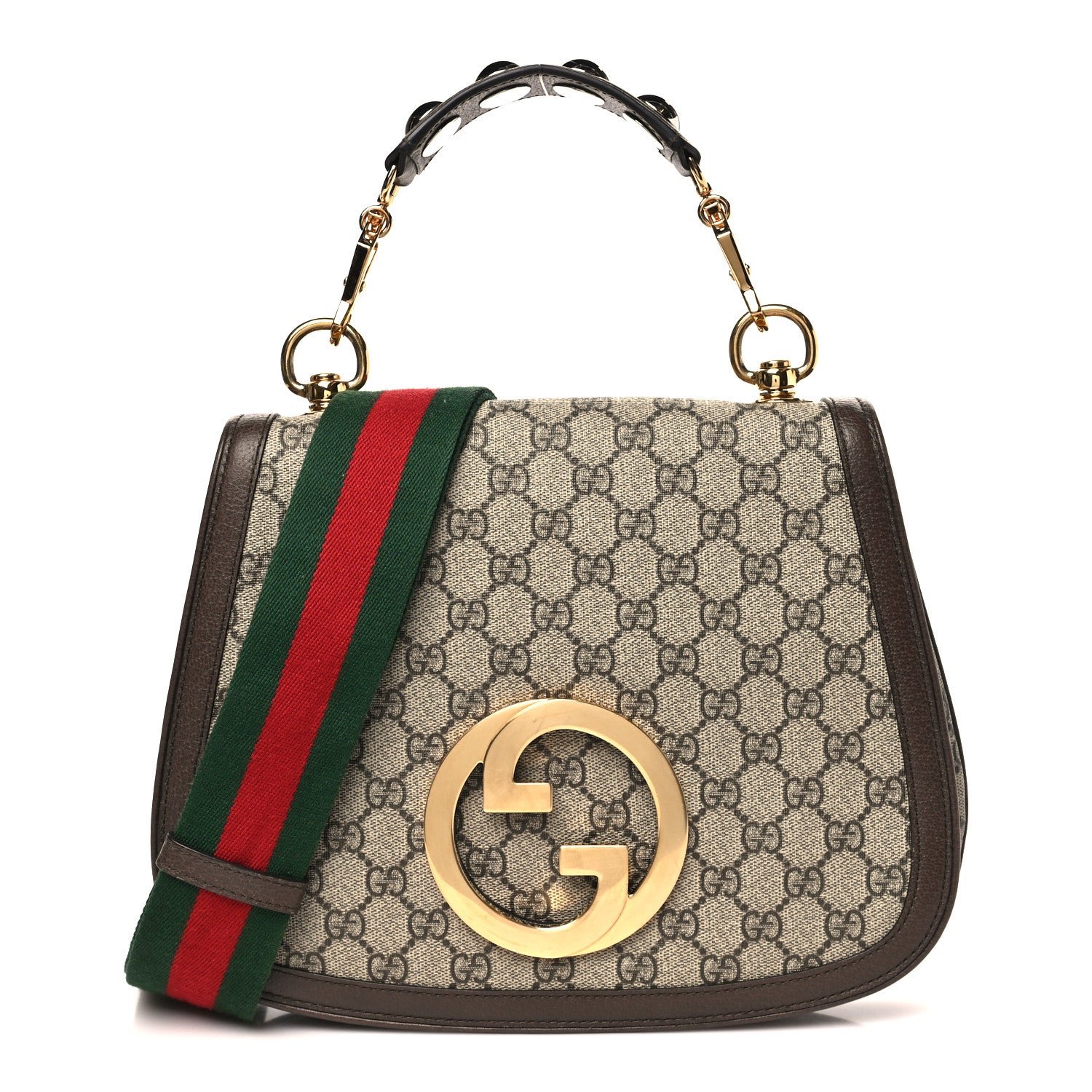 Gucci GG Supreme Monogram Textured Dollar Calfskin Web Medium Blondie Top Handle Shoulder Flap Bag Beige Ebony New Acero