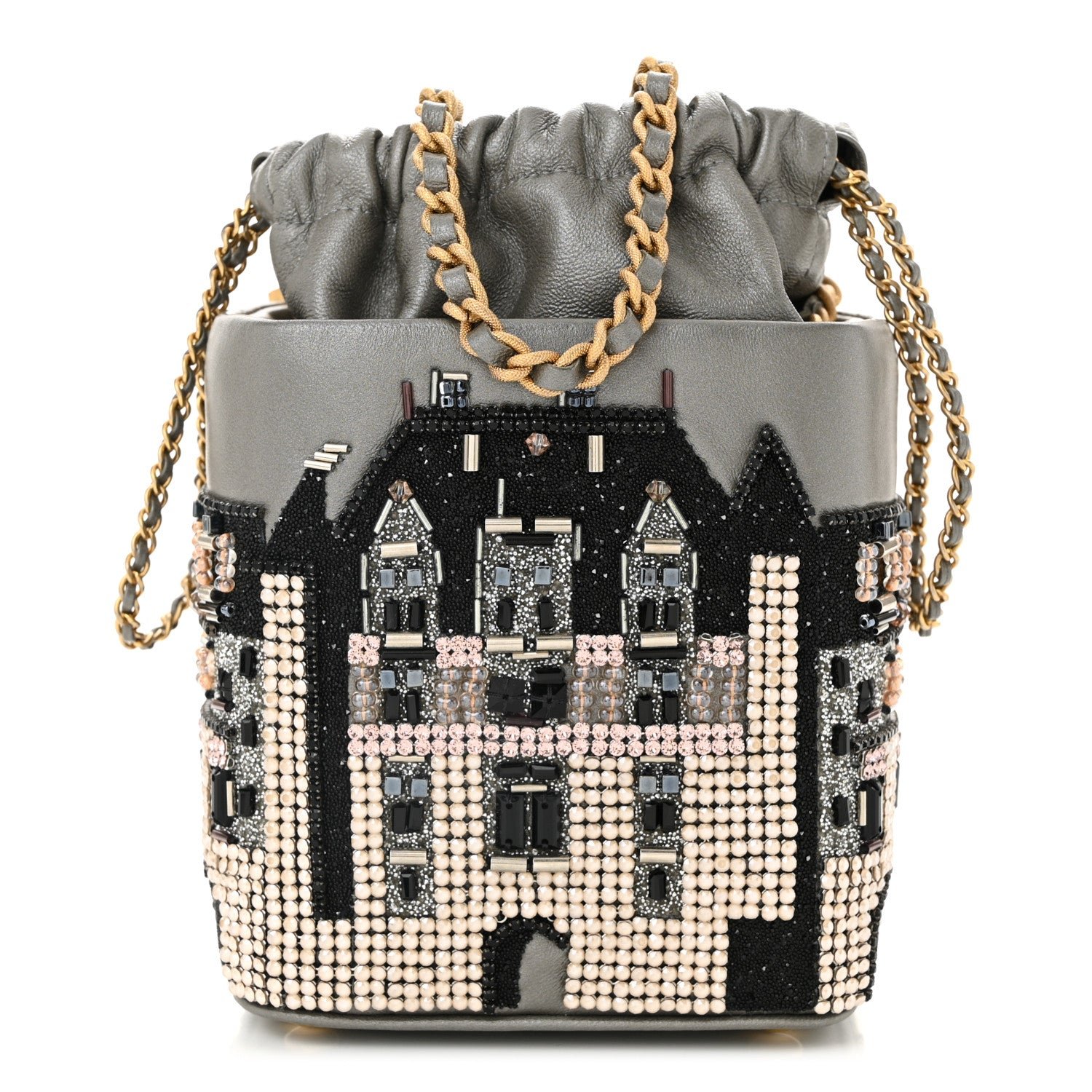 Chanel Metallic Lambskin Crystal Metiers D'Art Chateau de Chenonceau Bucket Bag Grey