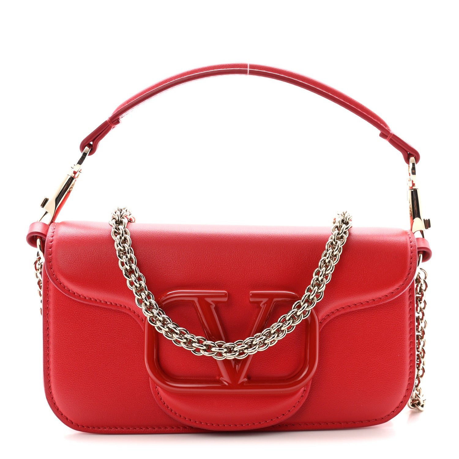 Valentino Garavani Calfskin Enamel Vlogo Small Loco Shoulder Bag Rouge Pur