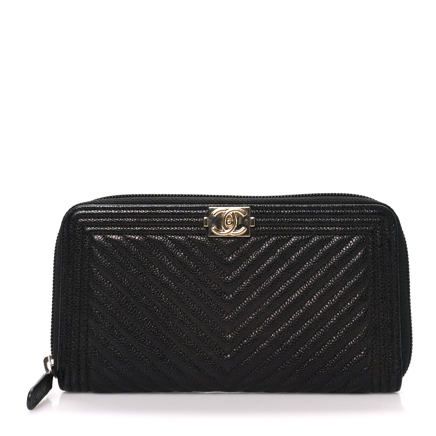 Chanel Caviar Chevron Quilted Zip Around Boy Wallet Black