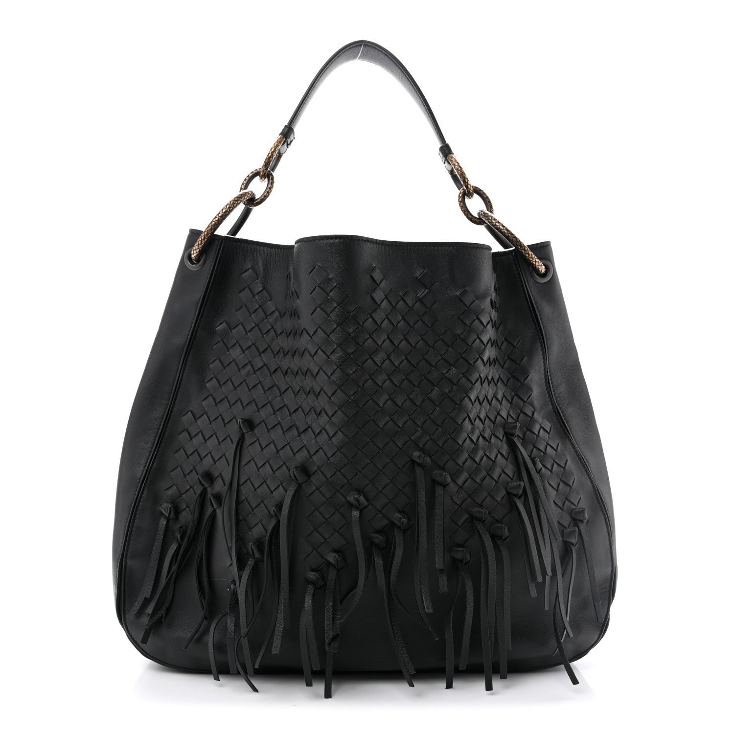 Bottega Veneta Nappa Intrecciato Fringe Brio Loop Hobo Black