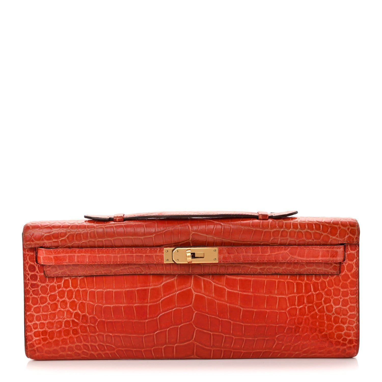 Hermes Shiny Porosus Crocodile Kelly Cut Pochette Orange Poppy