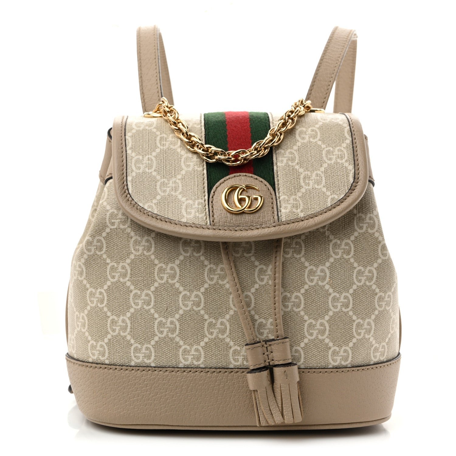 Gucci GG Supreme Monogram Textured Dollar Calfskin Web Mini Chain Drawstring Backpack Beige Mystic White Oatmeal