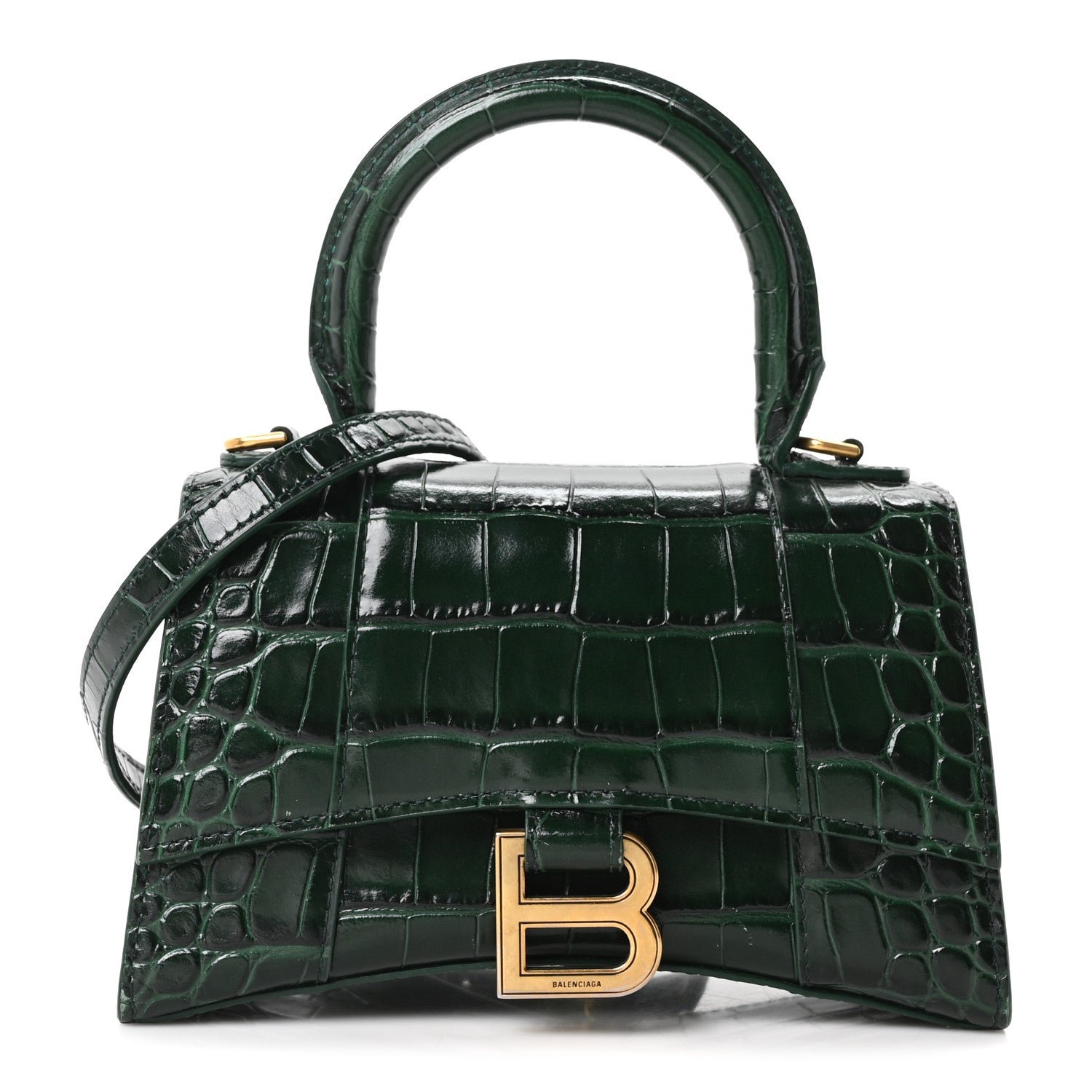 Balenciaga Shiny Calfskin Crocodile Embossed Hourglass Top Handle Bag XS Forest Green