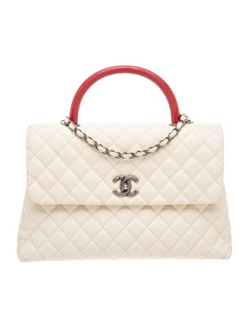 Large Lizard-Trimmed Ecru and Fuscia Coco Handle Bag