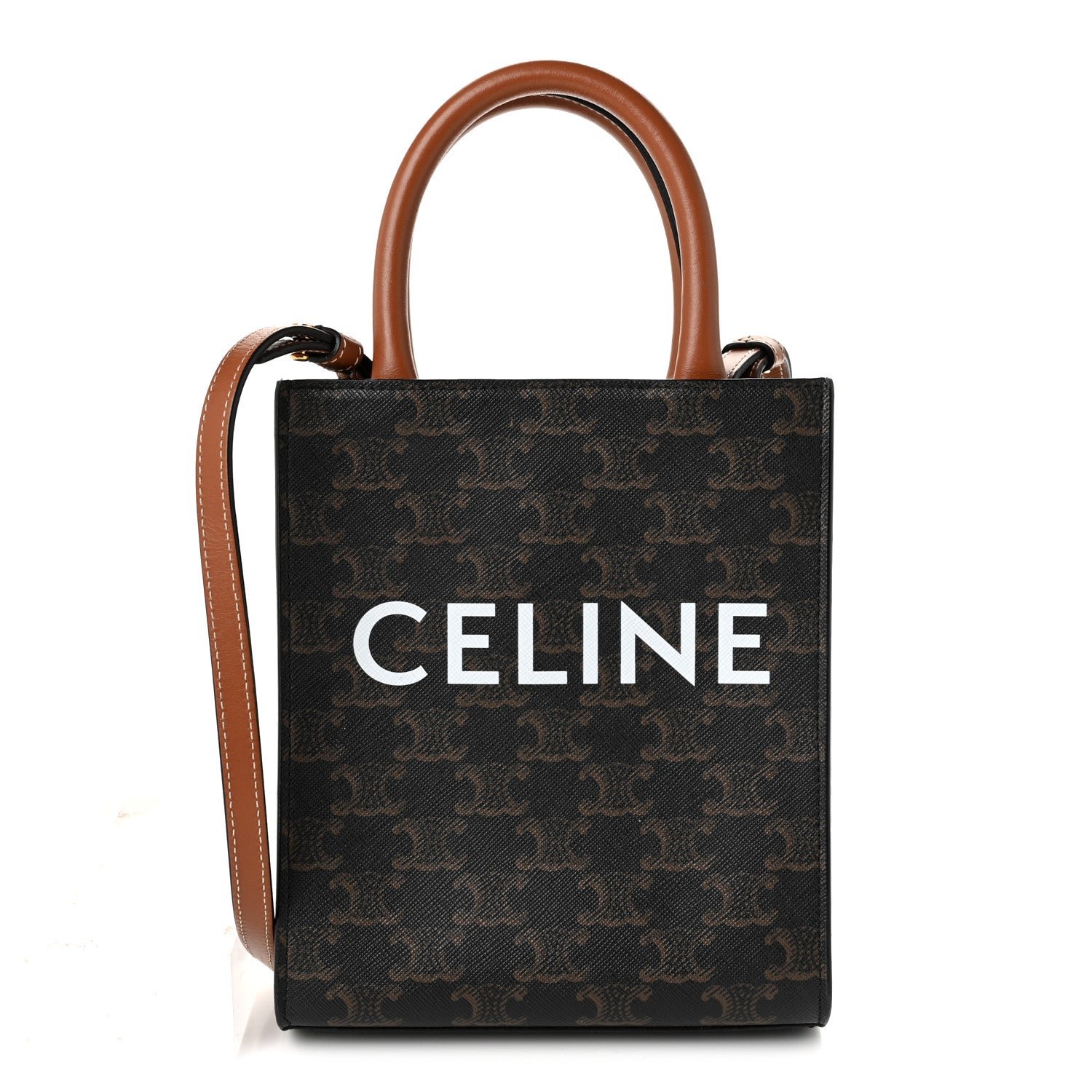 Celine Celine Triomphe Canvas Calfskin Mini Vertical Cabas Tan