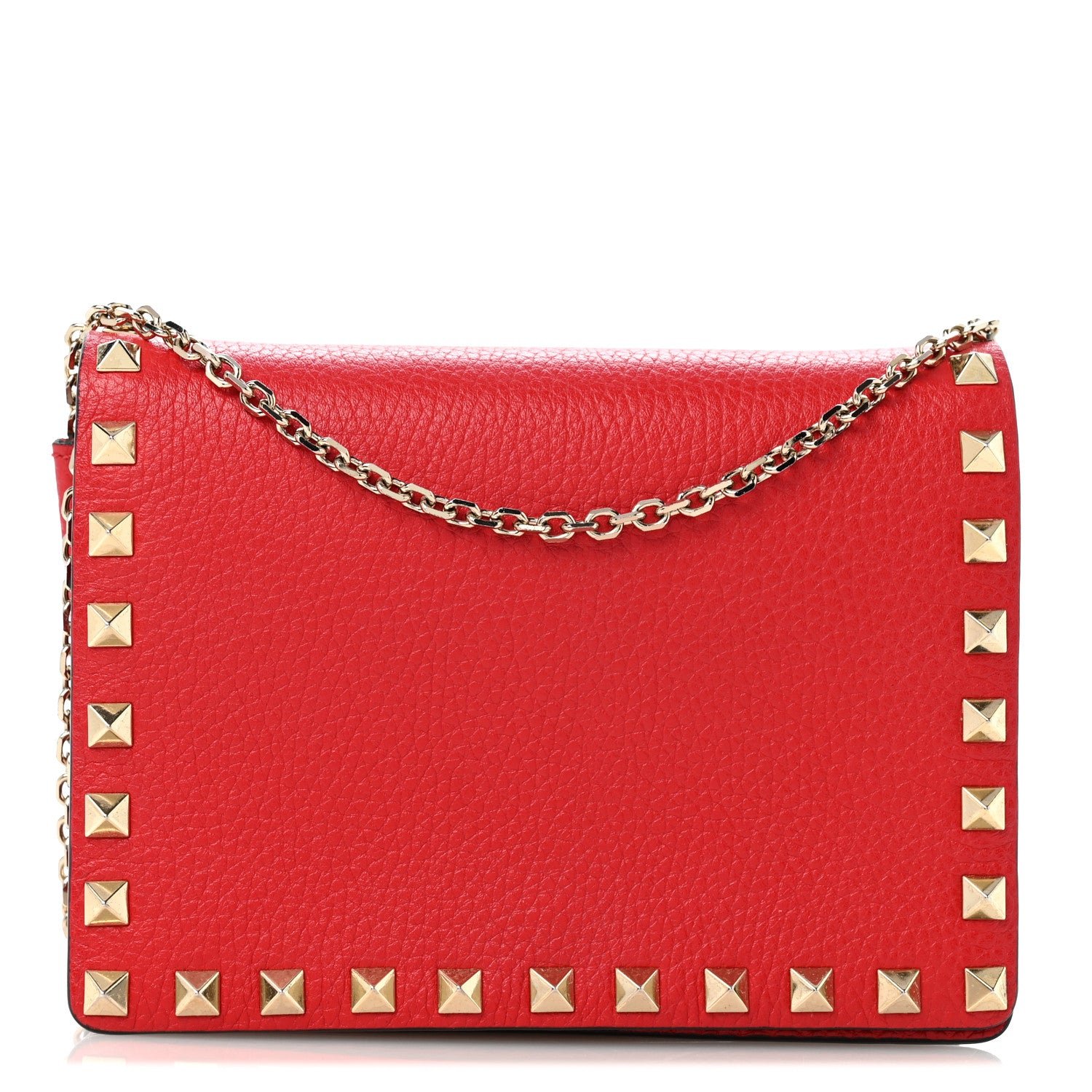 Valentino Garavani Pebbled Calfskin Rockstud Wallet on Chain Rouge Pur