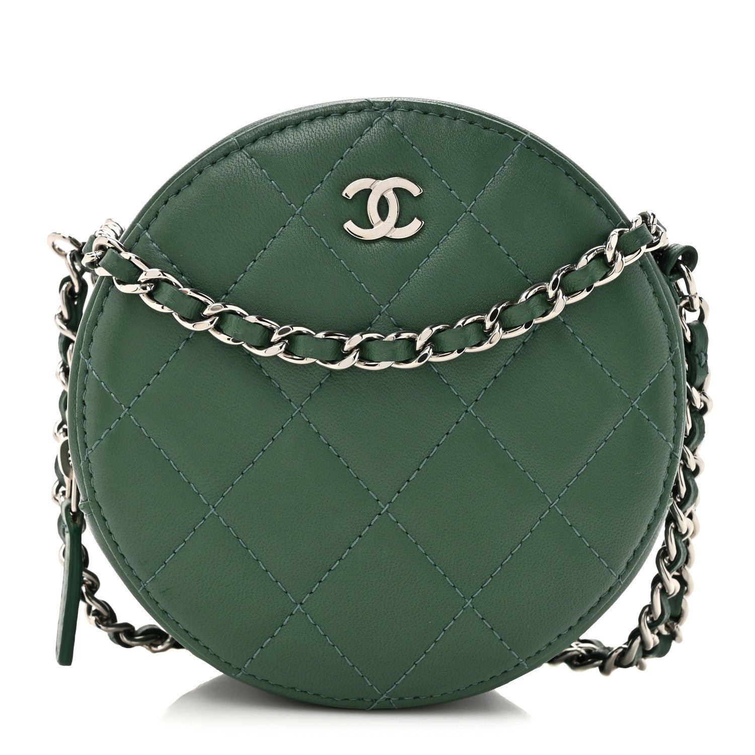 Chanel Lambskin Quilted Round Clutch With Chain Green