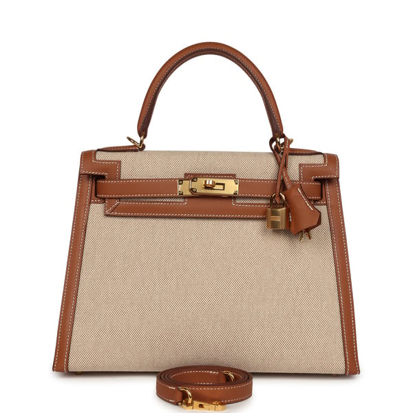 Pre-owned Hermes Kelly Sellier 28 Ecru-Beige Toile H Canvas, Gold Swift Gold Hardware