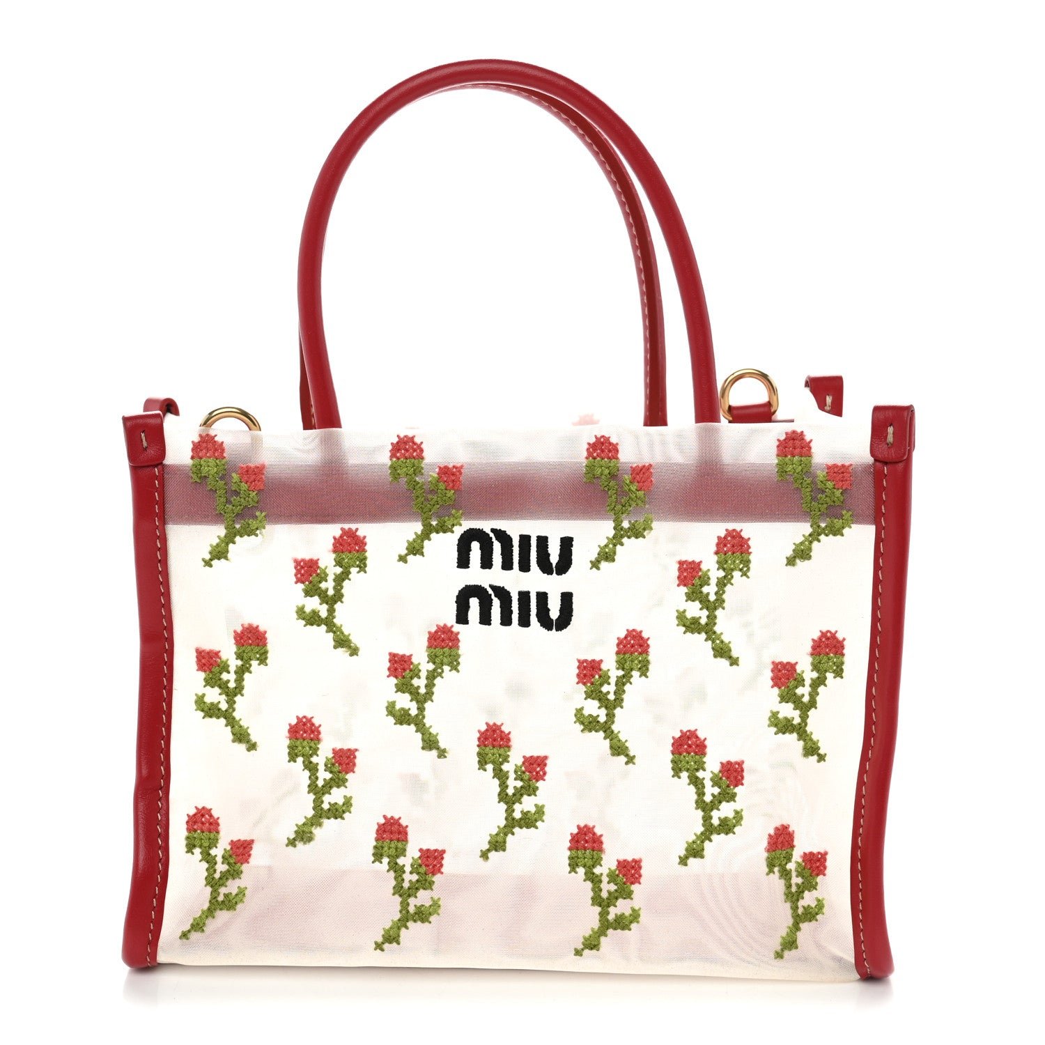 Miu Miu Nappa Embroidered Floral Mini Shopping Bag Rosso