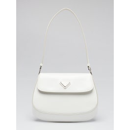 Prada White Brushed Leather Cleo Flap Shoulder Bag - 1BD311