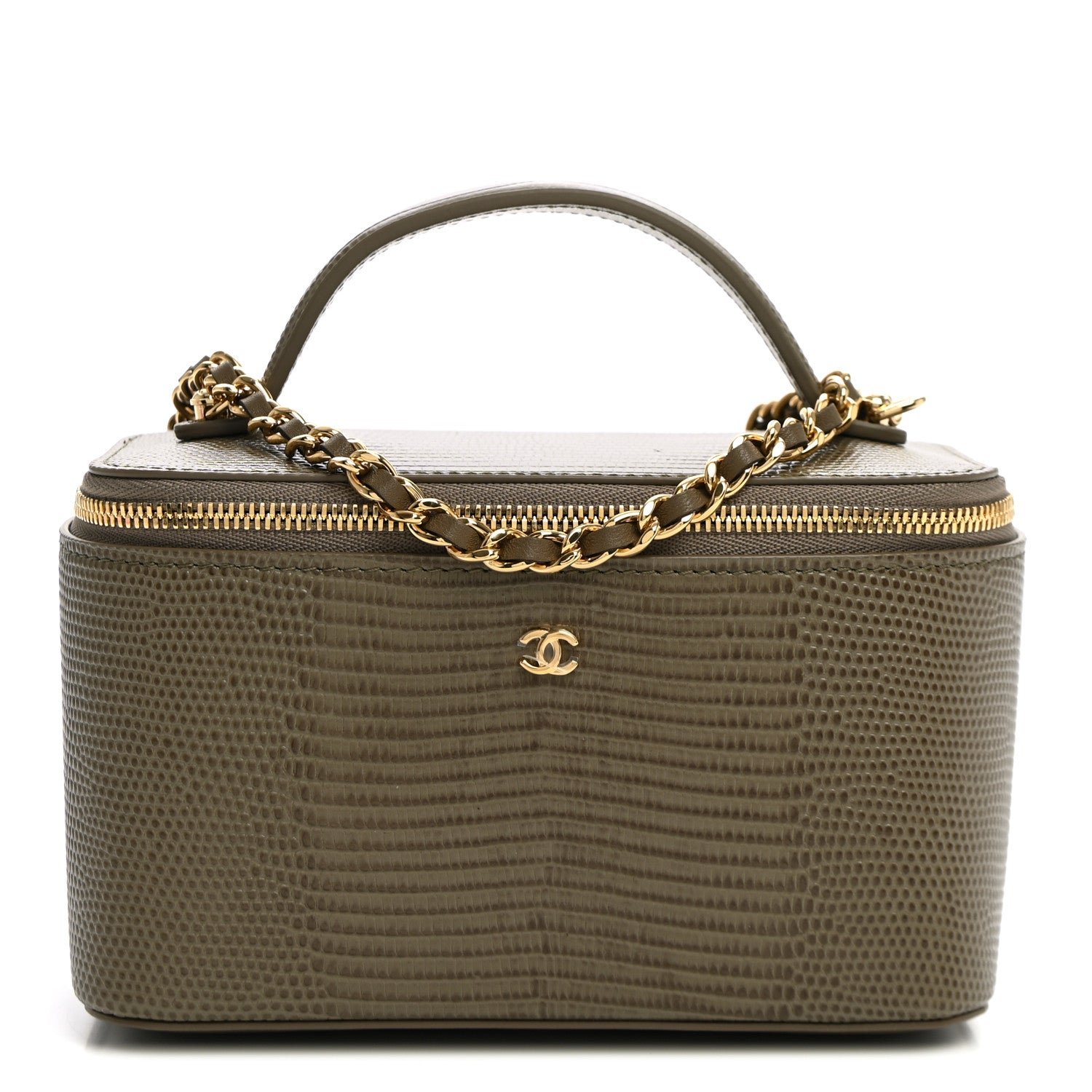 Chanel Calfskin Lizard Embossed Top Handle Vanity With Chain  Dark Khaki