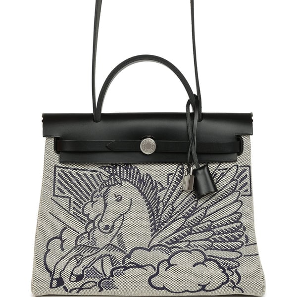 Hermes Pre-owned Hermes Herbag Zip Pegase Pop PM 31 Ecru Toile H Canvas and Black Hunter Palladium Hardware