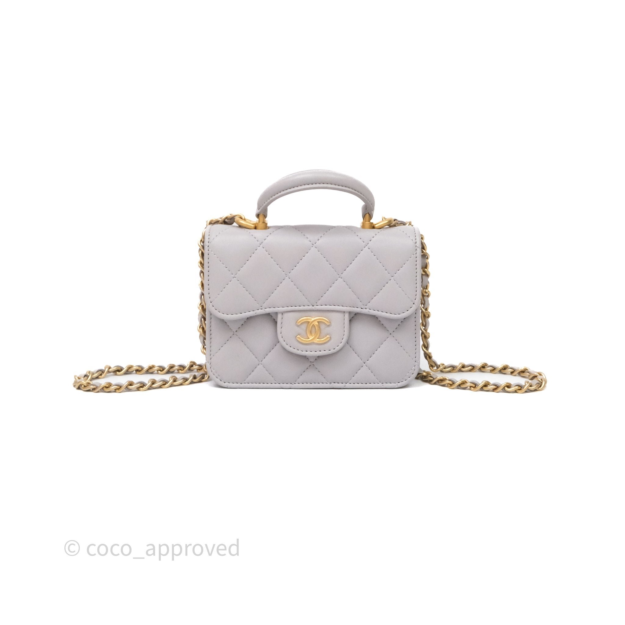Chanel Mini Handle Flap Coin Purse With Chain Grey Lambskin Aged Gold Hardware