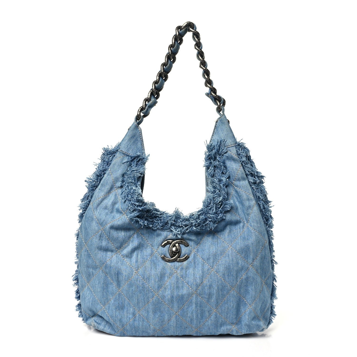 Chanel Denim Quilted Chain Hobo Light Blue