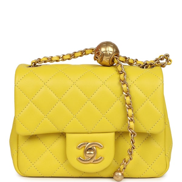 Chanel Mini Pearl Crush Square Flap Bag Yellow Lambskin Brushed Gold Hardware