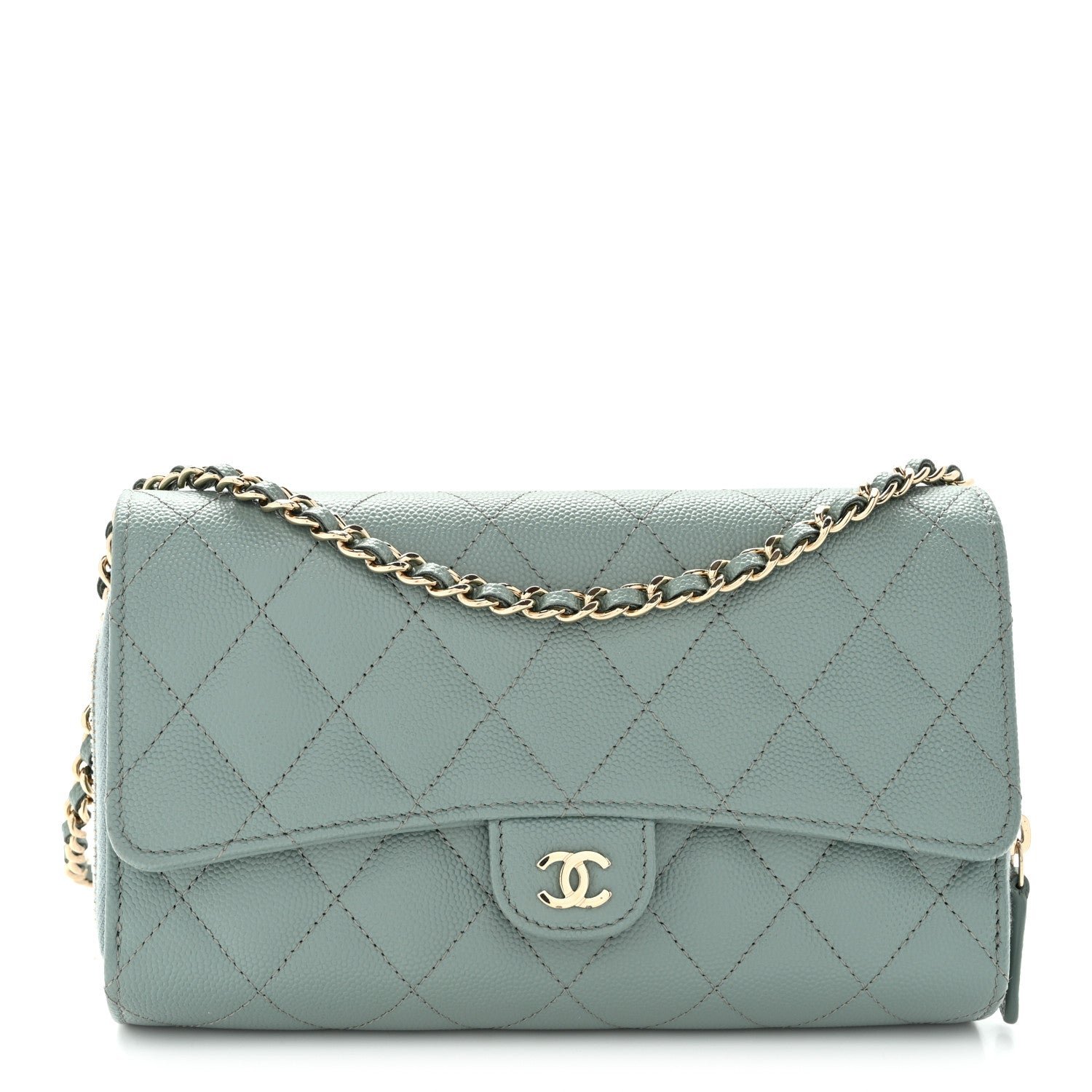 Chanel Caviar Quilted Phone Holder Wallet on Removable Chain Light Blue