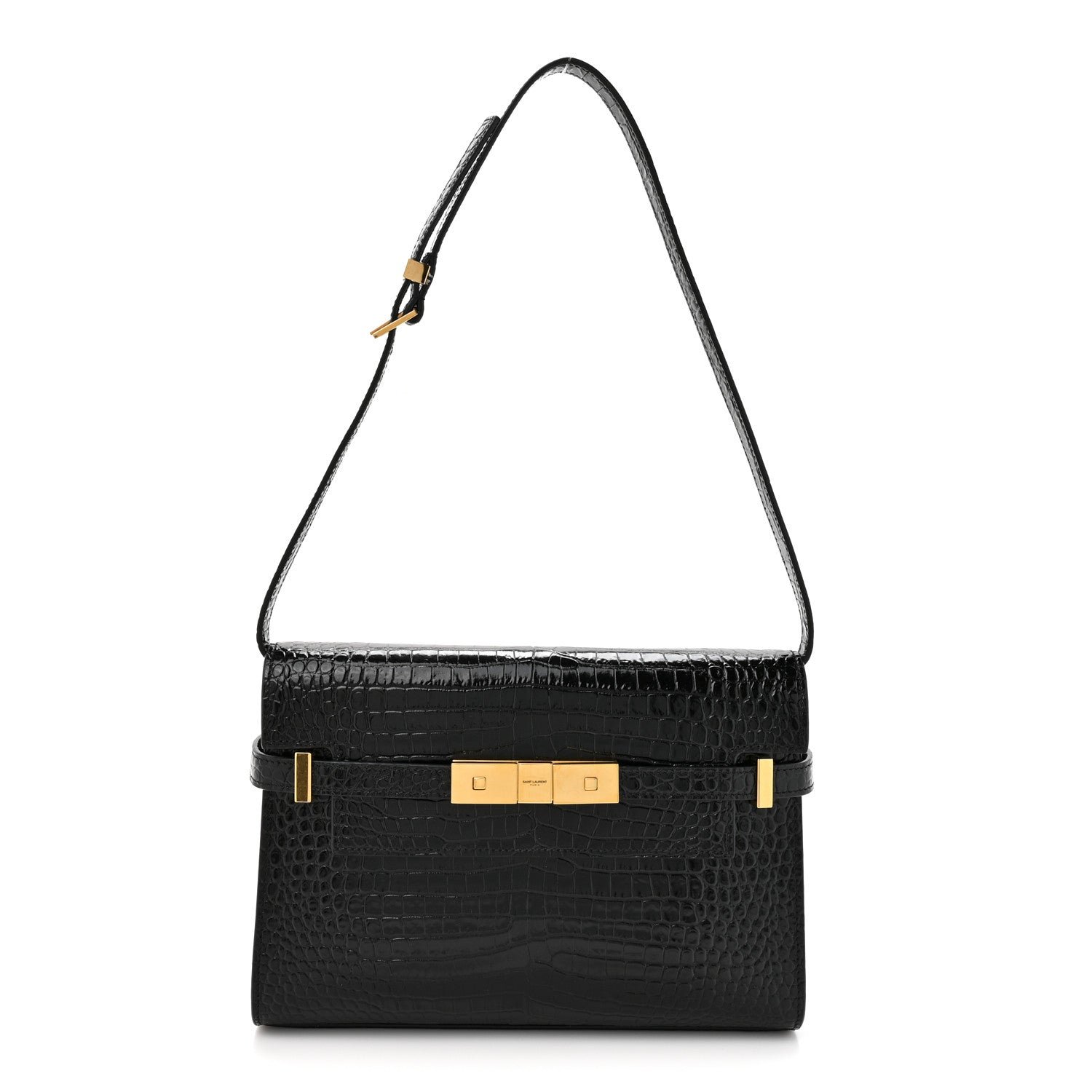 Saint Laurent Shiny Calfskin Crocodile Embossed Small Manhattan Baguette Black Black