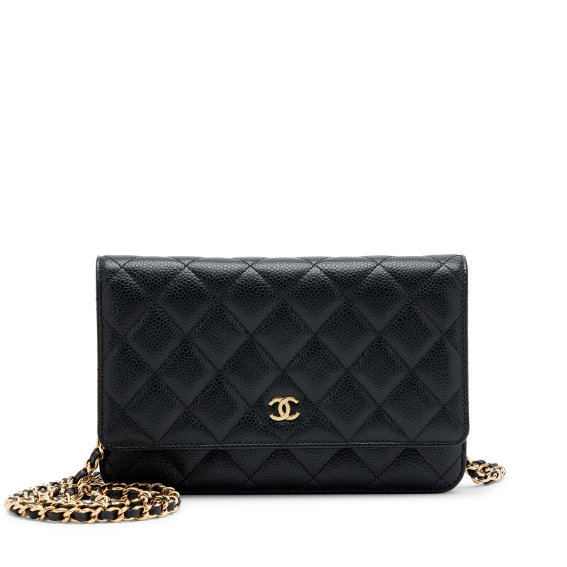 Black Quilted Caviar Classic Wallet On Chain WOC Gold Hardware, 2024