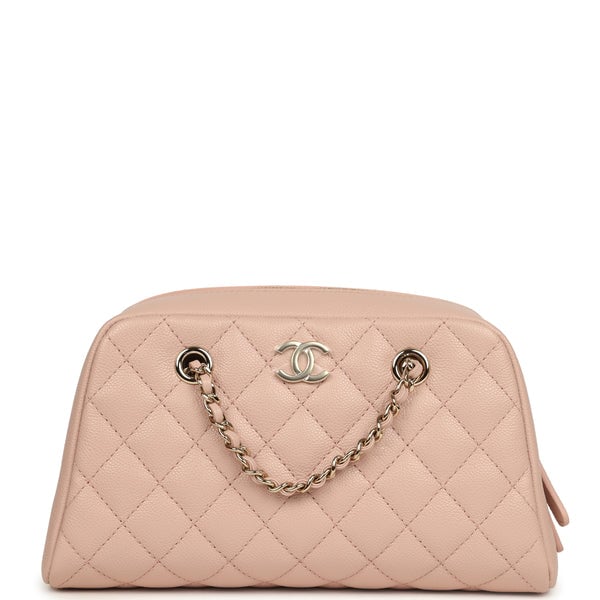 Chanel Small Bowling Clutch with Chain Straps Pink Shiny Caviar Light Gold Hardware