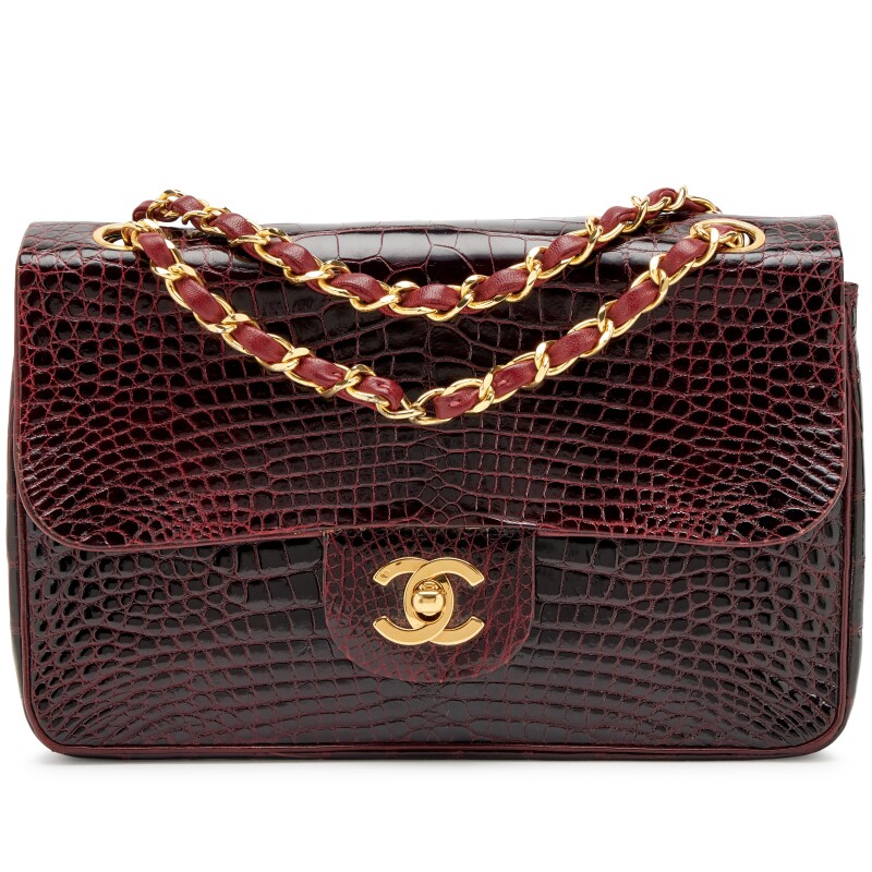 Vintage Burgundy Crocodile Small Classic Double Flap Bag Gold Hardware, 1989-1991