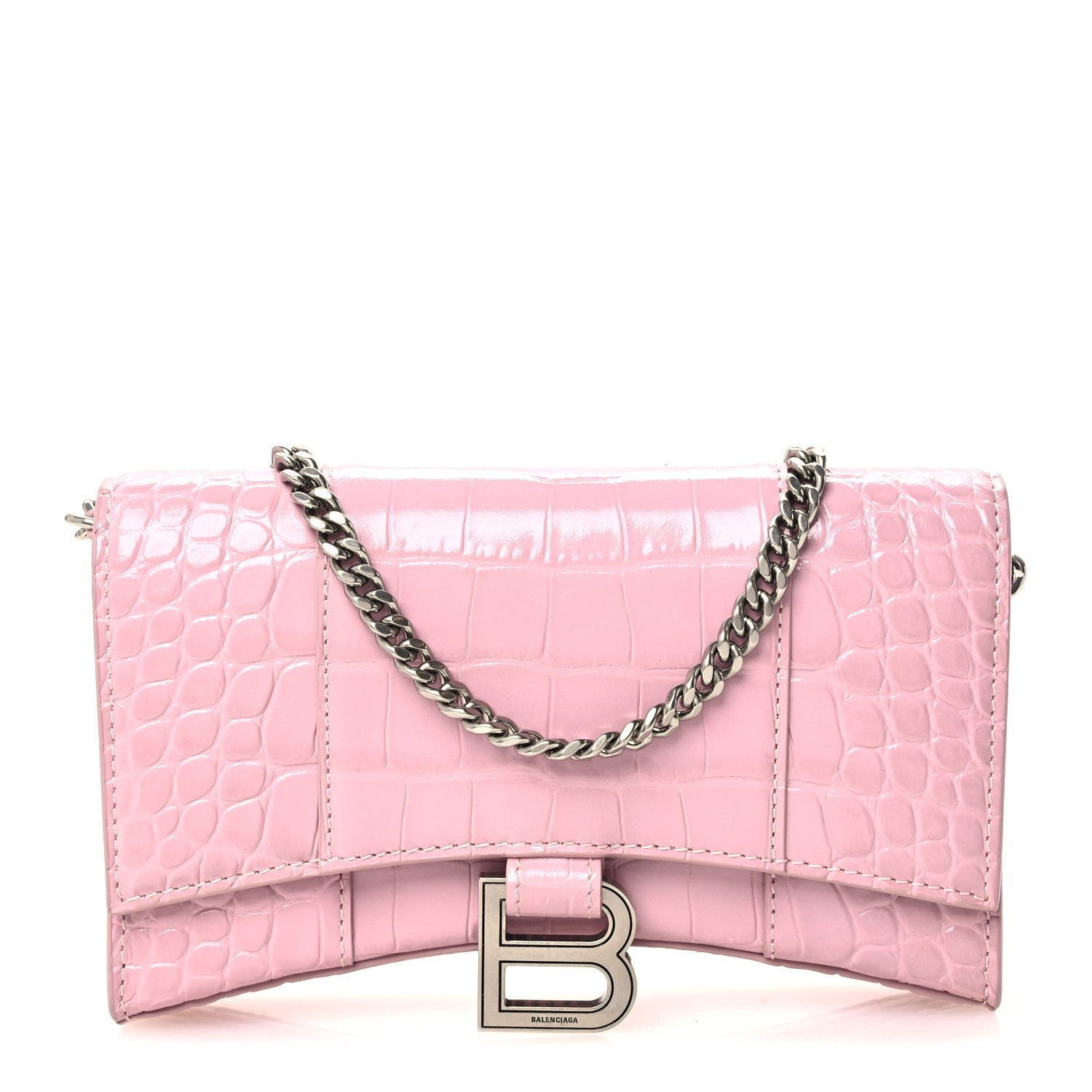 Balenciaga Shiny Calfskin Crocodile Embossed Hourglass Chain Bag Powder Pink