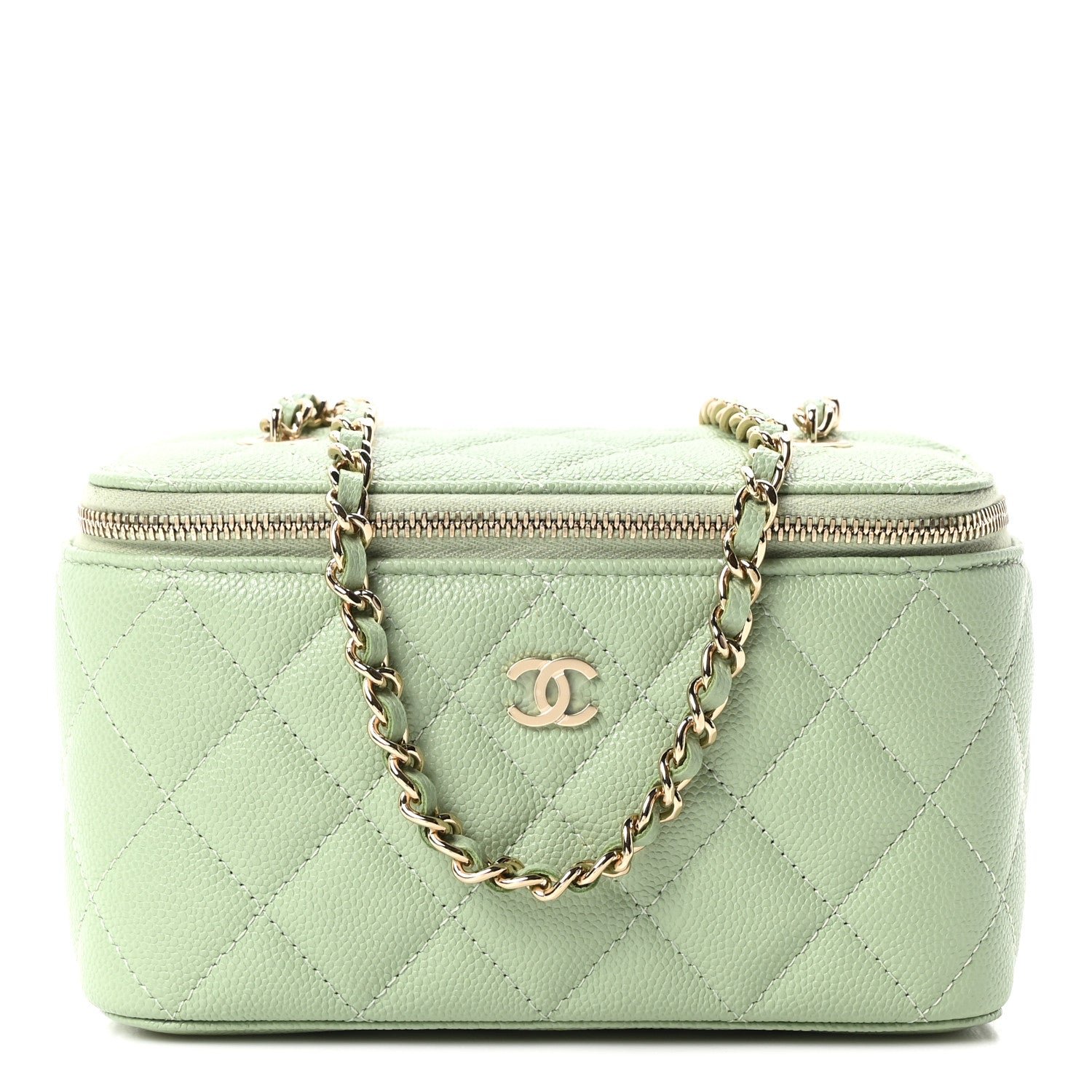 Chanel Caviar Quilted Small Vanity Case With Chain Light Green
