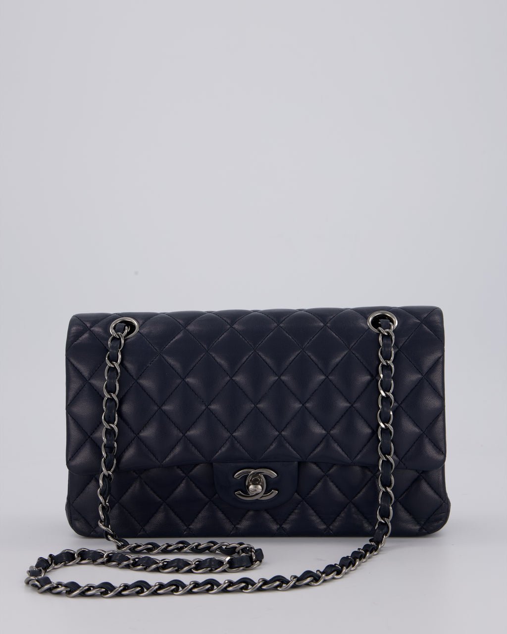 Chanel Medium Navy Classic Double Flap Bag in Lambskin Leather with Silver Hardware