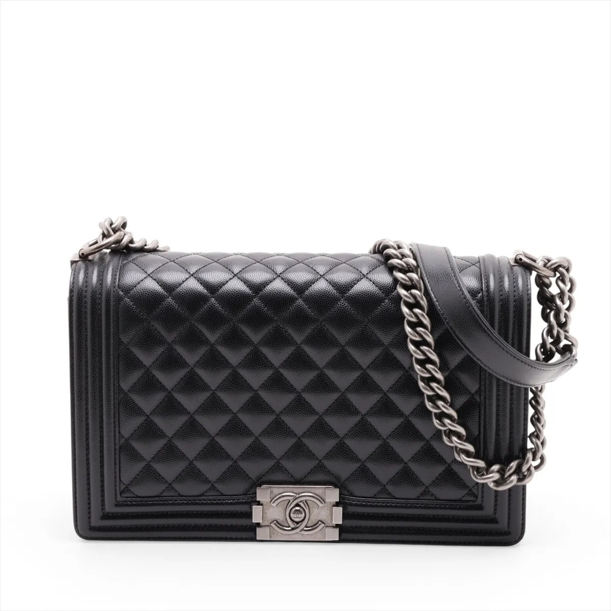 Chanel BOY CHANEL 28 Large Caviar Skin Chain Shoulder Bag Black Gunmetal Fitting